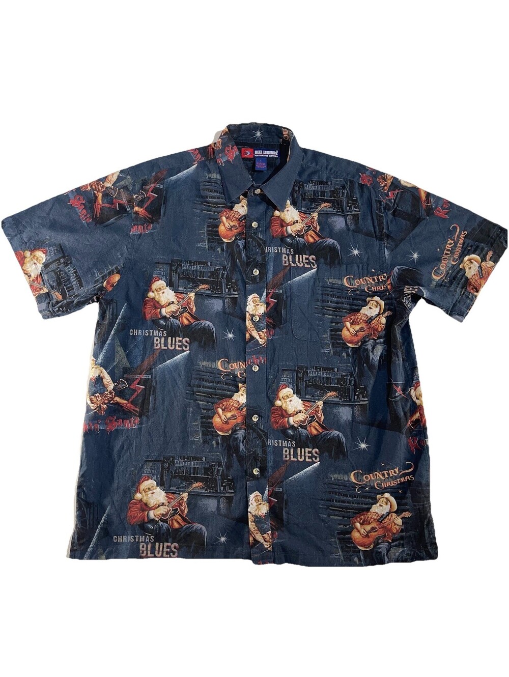 Reel Legends Shirt Mens Sz L Button Up Short Sleeve Christmas Blues Rockin Santa